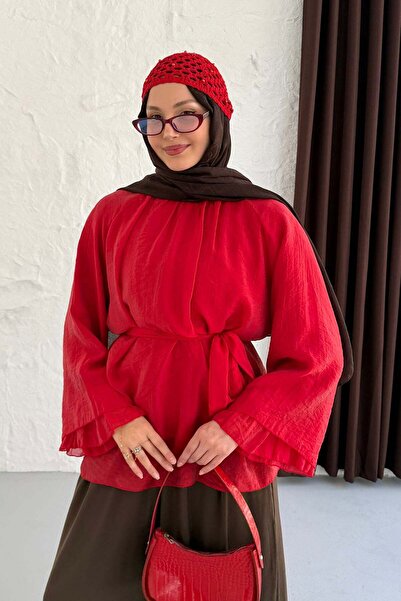 Modaensarbutik Kolları Salaş Seyyar Kuşaklı Modal Tül Gömlek-KIRMIZI