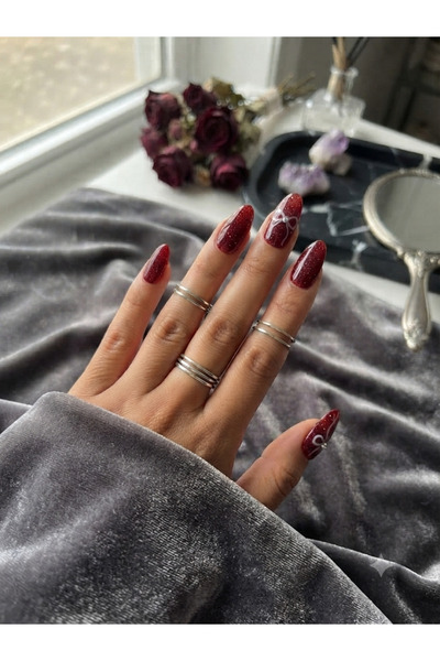 Shades On Nails Handmade Press-On Nails Set - Glittery Ruby Red White Bow Acc...