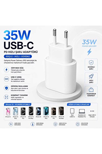 35W USB-C PD Hızlı Şarj Adaptörü Type-C Güç Adaptörü iPhone 15 ve 16 Serisi Uyumlu