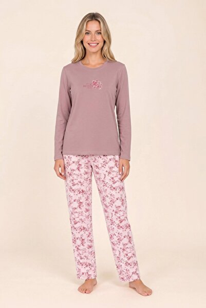 BAYKAR Kadın Pamuklu Bisiklet Yaka Çiçek Desenli Uzun Kollu Pijama Takımı 993...