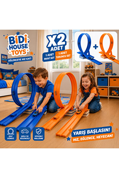 Bidi House 2 Li set Mavi ve Turuncu Renk Esnek Yarış ve Aksiyon Pisti- Araba ...
