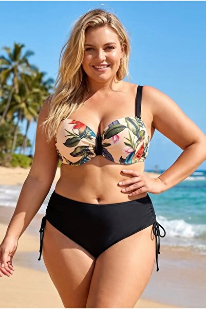hazelin Women's Cream Black Leaf Pattern Large Size Bikini Set Hzl26S-Lc3332