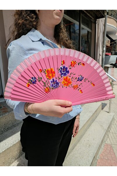 AÇIK PEMBE RENK KATLANIR AHŞAP MODEL BÜYÜK DESENLİ YELPAZE