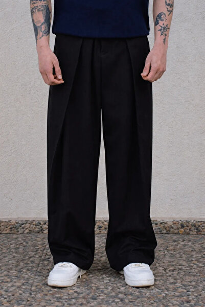 Derin Pileli Extra Baggy Kumaş Pantolon Siyah