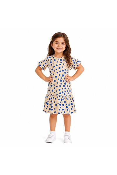 PALM PEANUTS Girls Beige Blue Polka Dot Cotton Dress | Short Sleeve Casual Su...