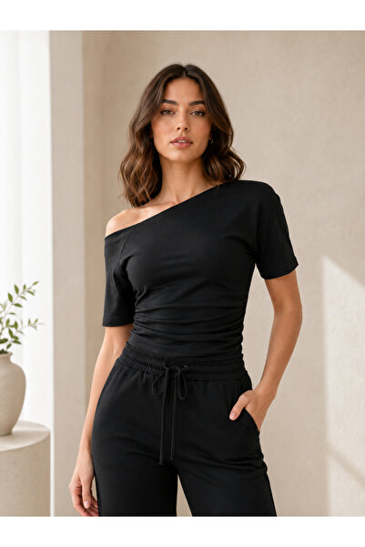 Sovia Women's Modal Fabric Off-Shoulder Side Gathered Wide Leg Two-Piece Set