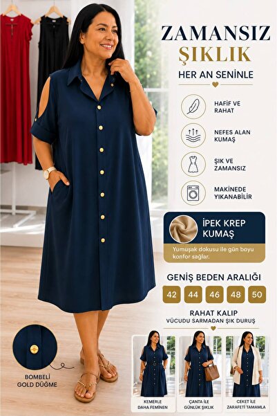 SİBELİZE Büyük Beden Omuz Dekolteli Gold Düğmeli Midi İpek Krep Gömlek Elbise