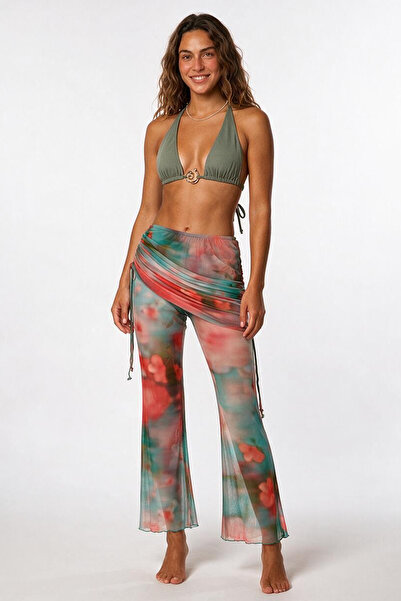 AQUELLA Green Patterned Tulle Trousers with Folded Sides and Gathered Details