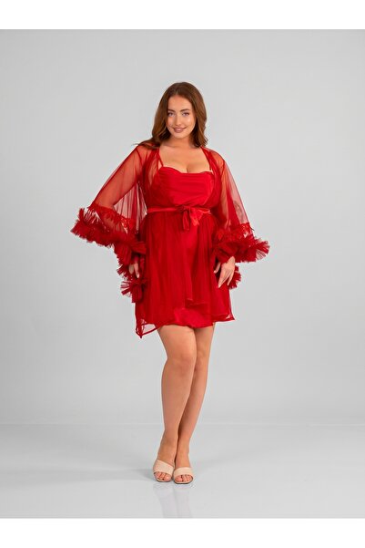 Lama Lingerie kadın kısa sabahlık takım saten ve tül