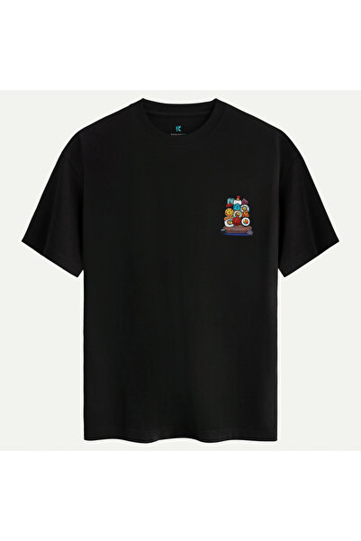 Oversize %100 Pamuk Unisex Sushi Roll Baskılı Tişört - Siyah