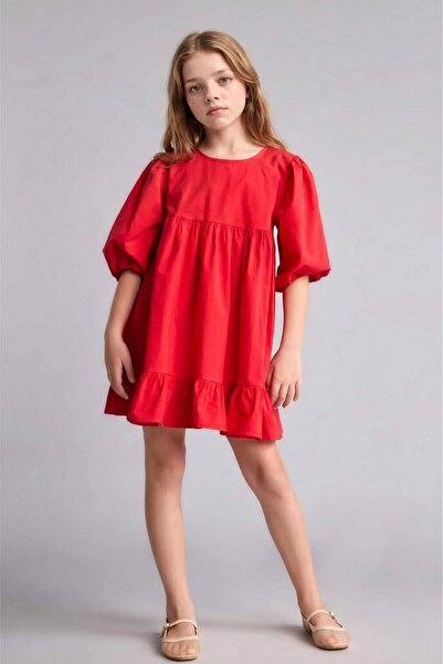 DeFacto Short-Sleeved Poplin Red Dress Girls I3864A826Au