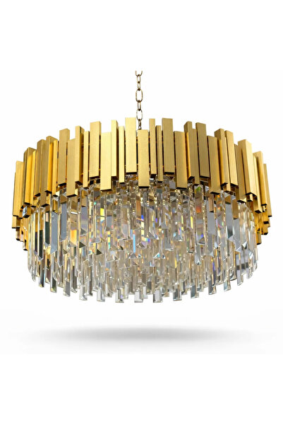 EmaNelcor Modern Prism Gold Chandelier 60 cm – Premium Sheer K9 Crystal and G...