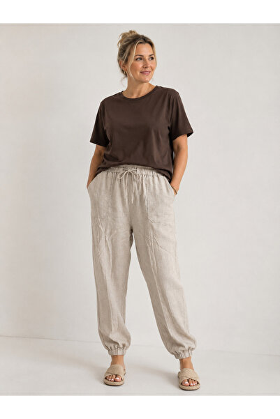 AYHAN 55% Linen 45% Lyosell Loose Trousers with External Pockets and Elastica...