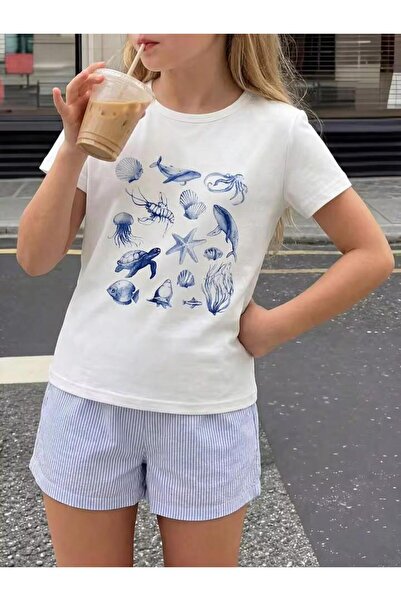 MORNİNG KİDS Girl's Sea Creatures Printed White T-Shirt-Blue White Striped Po...