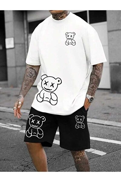 ZAVIXO Men's Black Shorts and White T-Shirt Set 100% Cotton Comfortable Casua...
