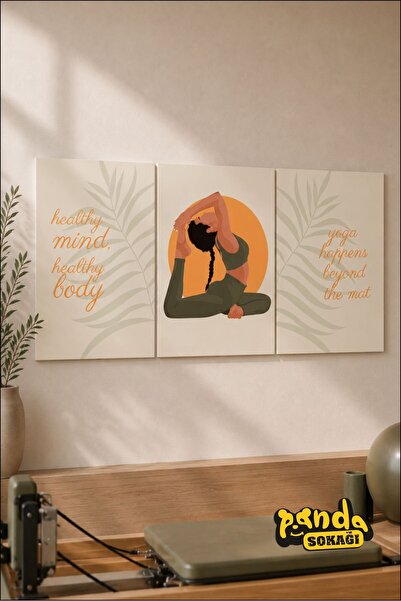 PANDA SOKAĞI ilates & Yoga 3'lü MDF Tablo Seti – Meditasyon Kadın Figürlü Boh...