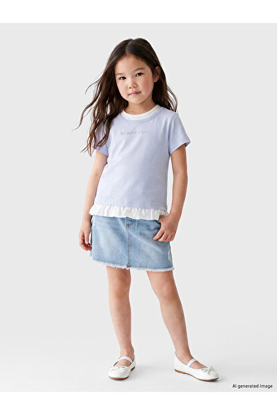 LC Waikiki Trendlucky Girls' Ruffled T-Shirt with Oval Collar and Print