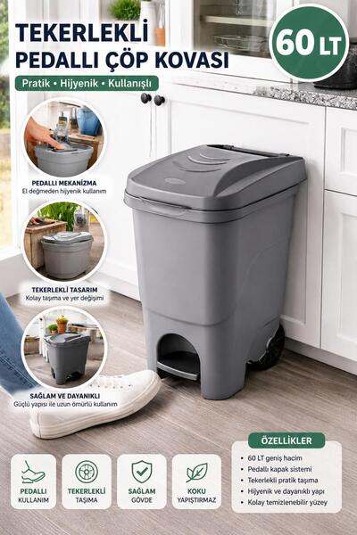LOREMPBOX 60 Lt Tekerlekli Pedallı Çöp Kovası | Büyük Boy Plastik Çöp Kutusu ...