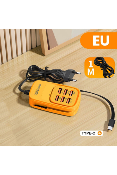 Choice1 6USB EU Yellow 6 in 1 USB Fast Charger Type C Power Strip Desktop Cha...