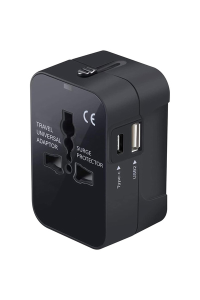 Choice محول سفر عالمي أسود متعدد الاستخدامات مع منفذي USB-A للشحن السريع، شاح...