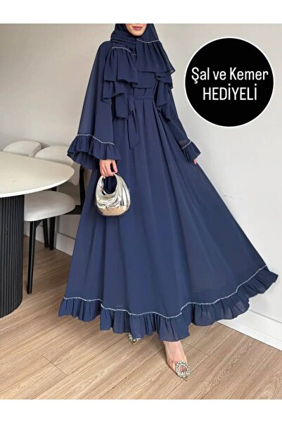 MY QILAM Kadın Tesettür Abaya Ferace Safir Taşlı Fırfır Detaylı Şal ve Kuşak ...
