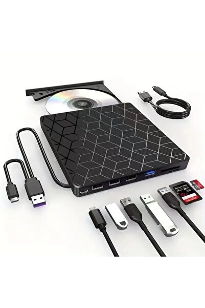 Choice محرك أقراص DVD خارجي أسود 7 في 1 مع منفذ USB 3.0 ونوع C، مسجل ومشغل أق...