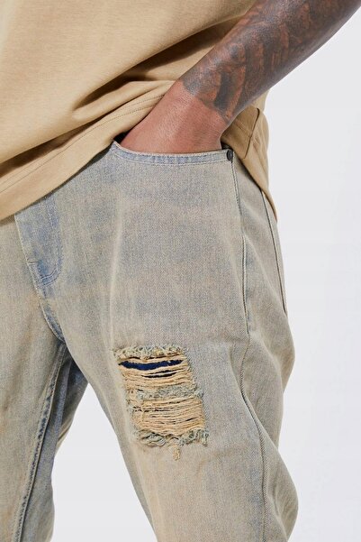 NO BRAND Pantaloni lungi clasici din denim de bumbac cu rupturi Boohooman 46