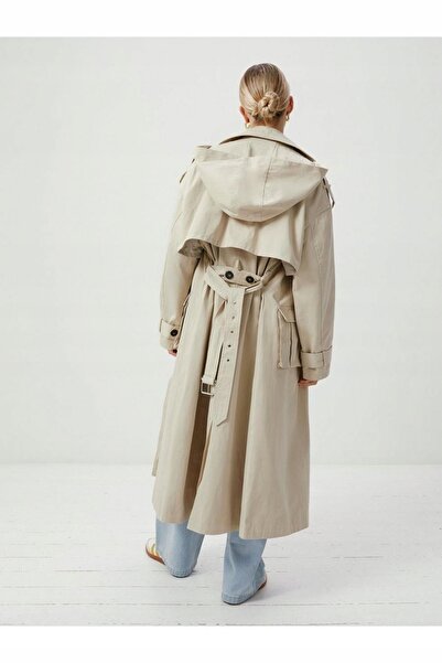 NO BRAND Trench clasic bej cu glugă, mâneci lungi, cu curea, Nasty Gal 34