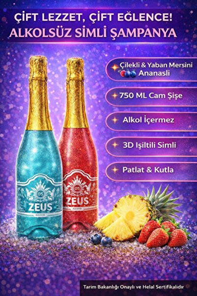 OS ZEUS Simli Alkolsüz Şampanya 2'li Çilek & Yaban Mersini Aromalı Gazlı Patl...