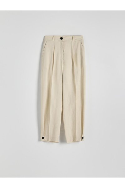 NO BRAND Pantaloni bej simpli, uni, lungime 7/8, cu talie înaltă din in, mări...