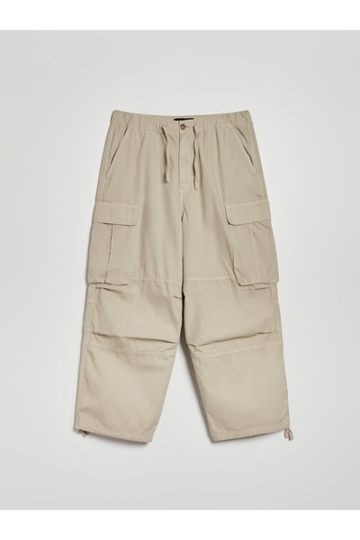 NO BRAND Pantaloni de bumbac bej, cu croială largă, cu buzunare și fermoar, H...