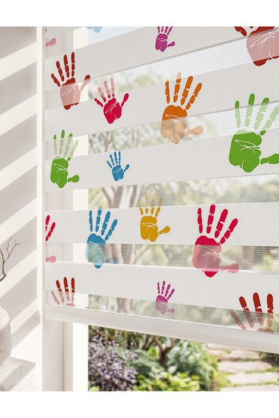 AD Home Renkli El İzleri Dijital Baskılı Çocuk Odası Zebra Perde