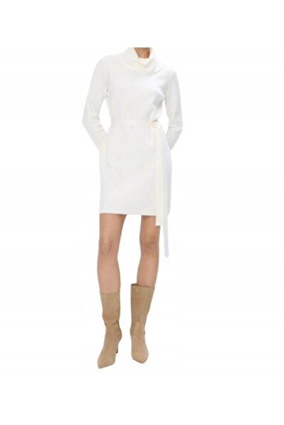 NO BRAND Rochie mini tricotată albă, cu mânecă lungă, stil golf, cu curea uni...
