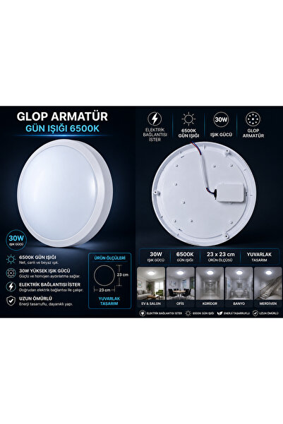 kialed 30W LED Glop Beyaz Kasa Armatür 6500K Beyaz Işık Yuvarlak Tavan Lambas...