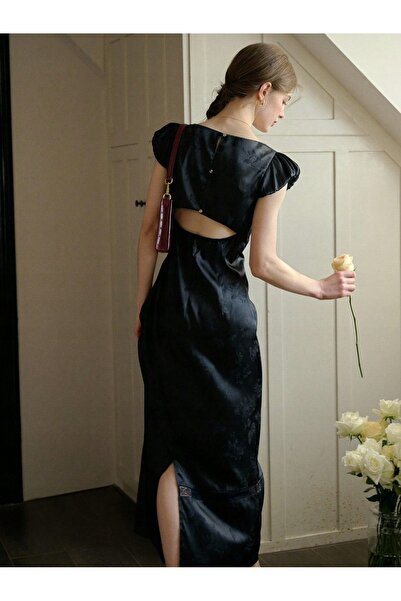 NO BRAND Rochie Maxi Neagră Clasic Jacquard cu Mânecă Scurtă și Dantelă Shein 36