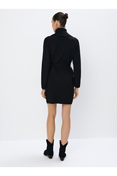 NO BRAND Rochie mini tricotată neagră, cu mânecă lungă, stil golf, cu curea u...