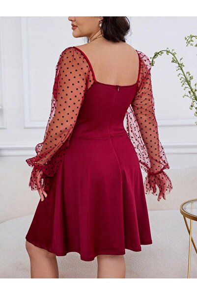 NO BRAND Rochie de cocktail bordo cu mâneci lungi din plasă, mărimea Plus She...