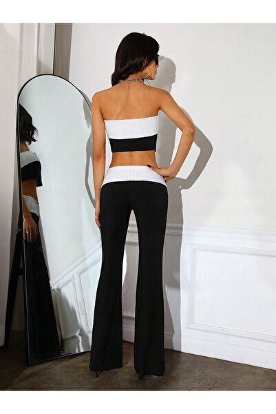 NO BRAND Set complet: Pantaloni negri și crop top cu inserție albă tricotată ...