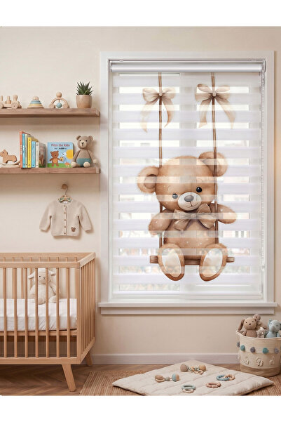 AD Home Salıncakta Sallanan Tatlı Ayıcık Dijital Baskılı Zebra Perde