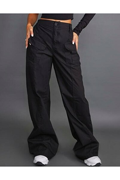 NO BRAND Pantaloni cargo lungi negri, cu talie elastică, netezi, Prettylittle...