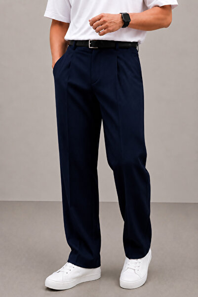 Montivo Men's Navy Blue Premium Wide Leg Elastic Waist Fabric Trousers