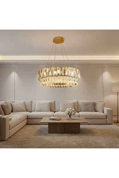 iTin ELYSIAN Eleganza Кристален полилей 7x E14, Диаметър 50 см, Златен, Регул...