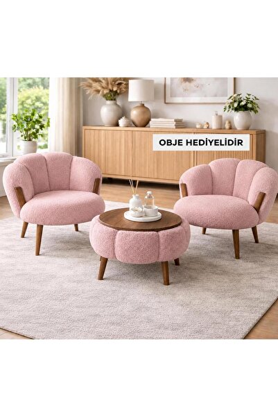 KOKİ DESİGN STAR CEVİZ Pembe 2 Adet Papatya Berjer + 1 Adet Sehpa (5 PARÇA DE...