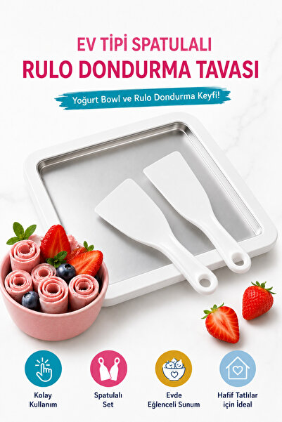 38 MBM Ev Tipi Spatula'lı Meyveli Sütlü Dondurma Yapma Tavası Ev Tipi Roll Ic...