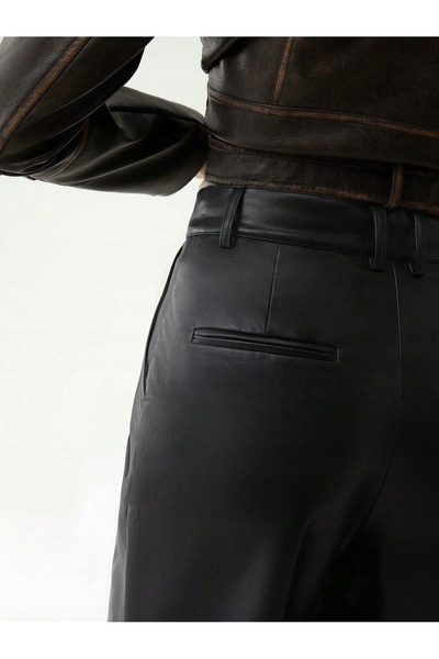 NO BRAND Pantaloni negri din piele ecologică, cu talie înaltă, croială dreapt...