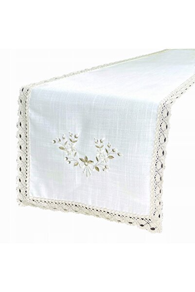 NO BRAND Față de masă brodată 052 Alb 140X180 Flori Bej