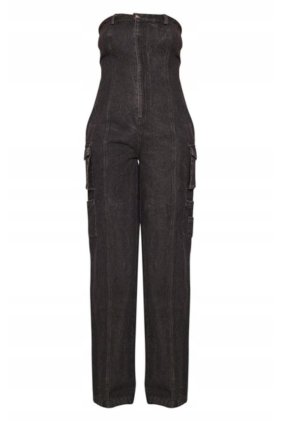 NO BRAND Salopetă clasică din denim negru cu buzunare cu fermoar Prettylittle...