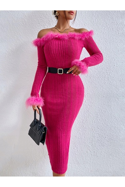 NO BRAND Rochie tricotată roz, midi, slim fit, cu pene, mânecă lungă, Shein 4...