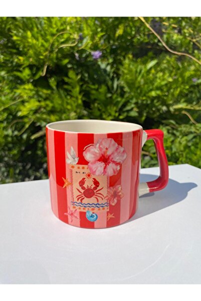 Junno Gift Salty Days Hibiskus ve Yengeç Desenli Seramik Kupa – Pembe Kırmızı...