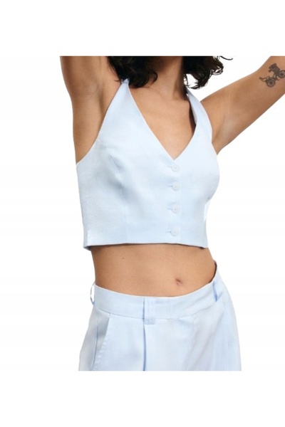 NO BRAND Top albastru, tip vestă, cu guler halter, nasturi, decolteu adânc, m...